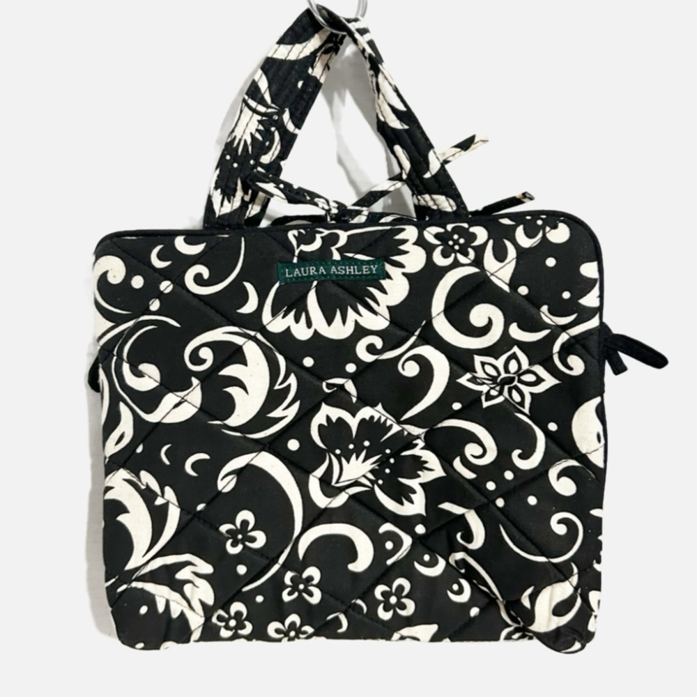 Laura Ashley Quilted Black and Cream Floral Travel Cosmetic Bag Black and White